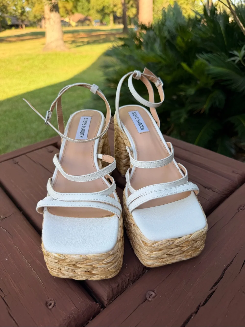 Steve Madden Belise White Leather Raffia Platform Heels 8 $130 Retail